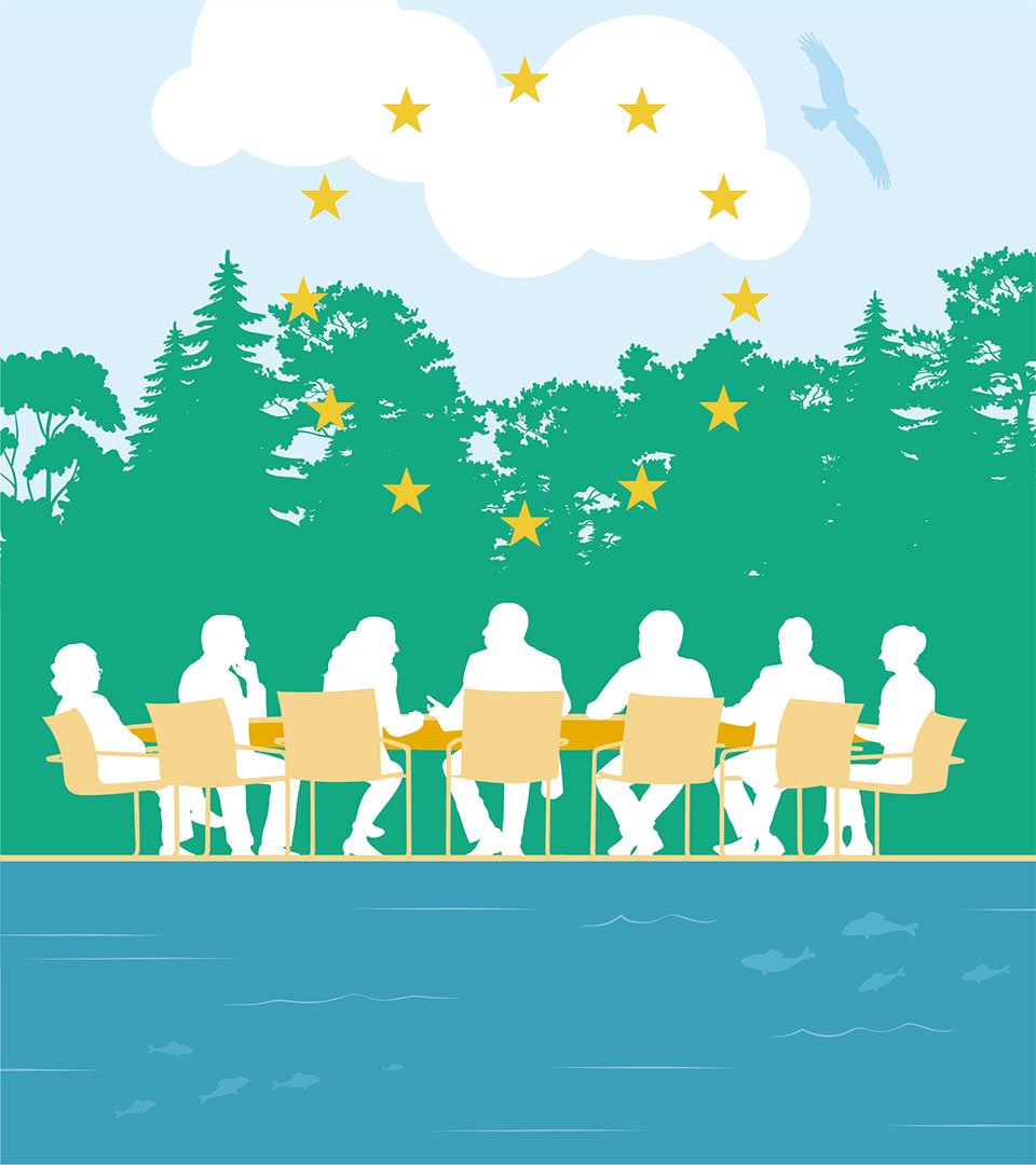 Illustration av personer runt ett mötesbord under EU-stjärnor