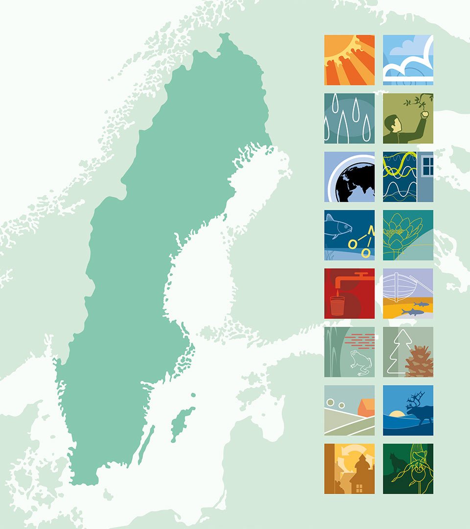 Illustration av Sverige och miljömålens piktogram
