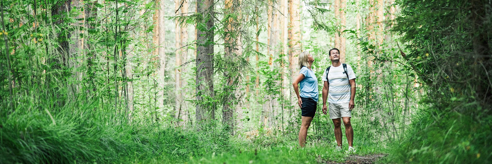 En man och en kvinna står i en skog och kollar upp på himlen.
