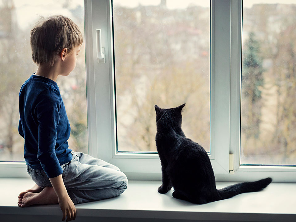 En pojke och en svart katt sitter i ett fönster och tittar ut