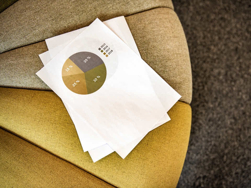 Papper med cirkeldiagram som ligger på en soffa.