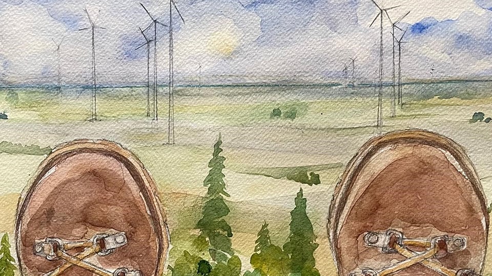 Illustrator: Marina Stenby Målning av ett par skospetsar och en vy över vindkraftspark.