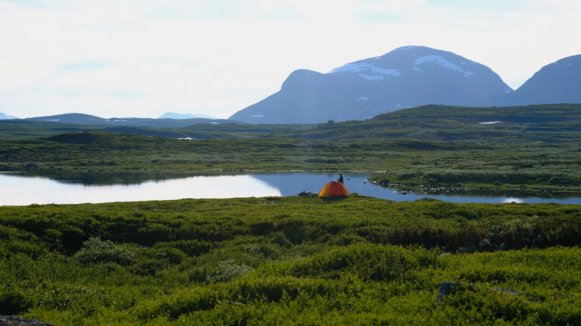 En person vid ett tält på fjället på sommaren