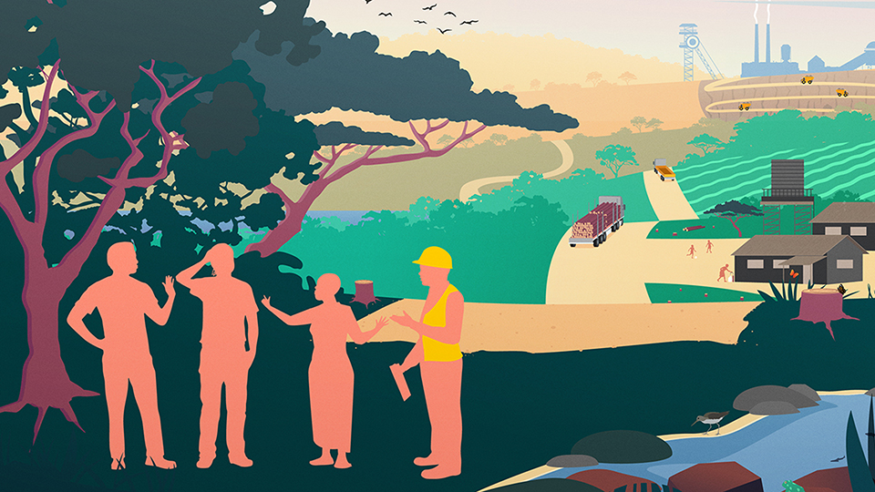 Illustrator: Joakim Agervald Illustration with people, trees, animals, transport and factory.