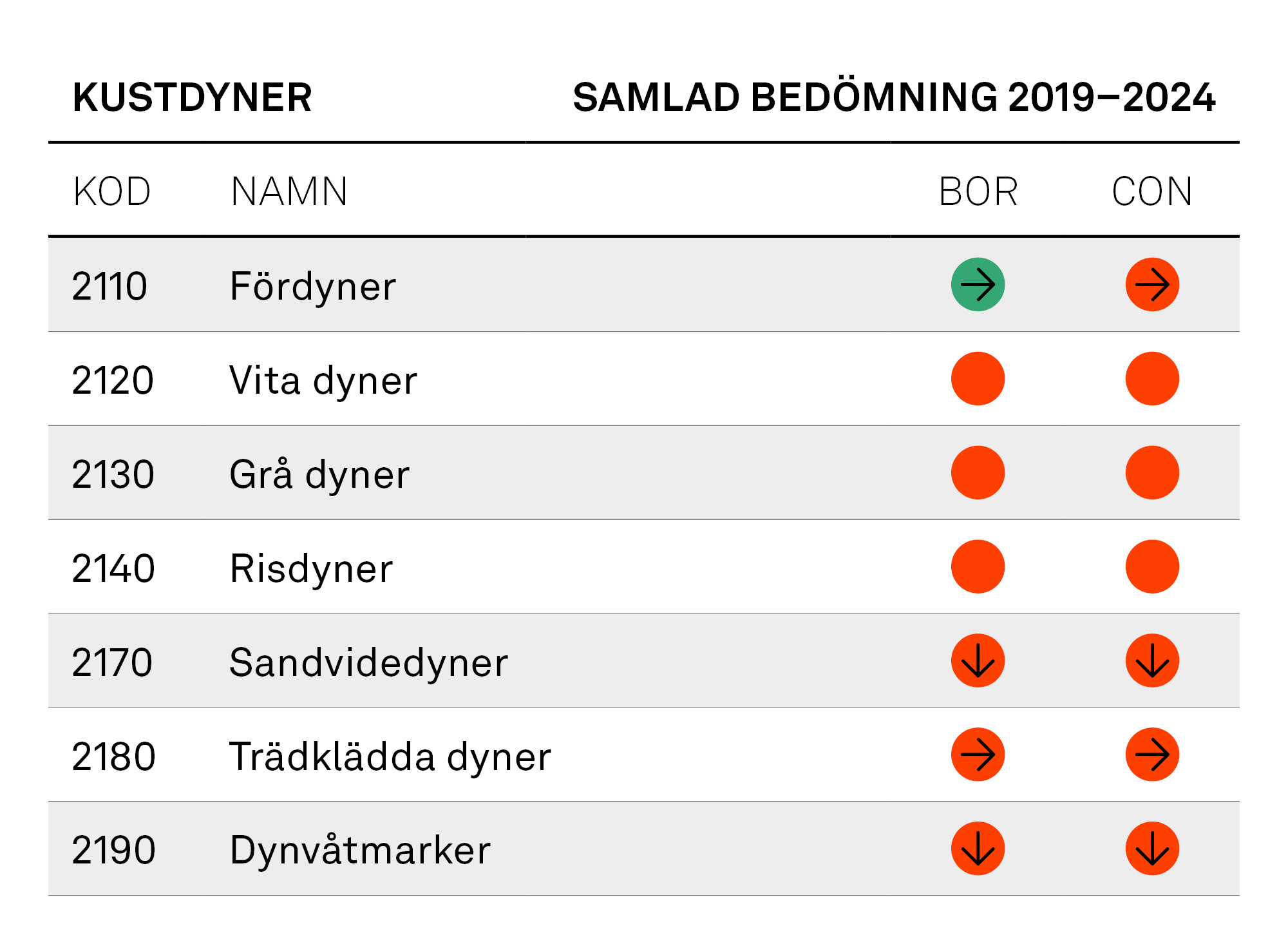 Tabell: Kustdyner, samlad bedömning 2019–2024