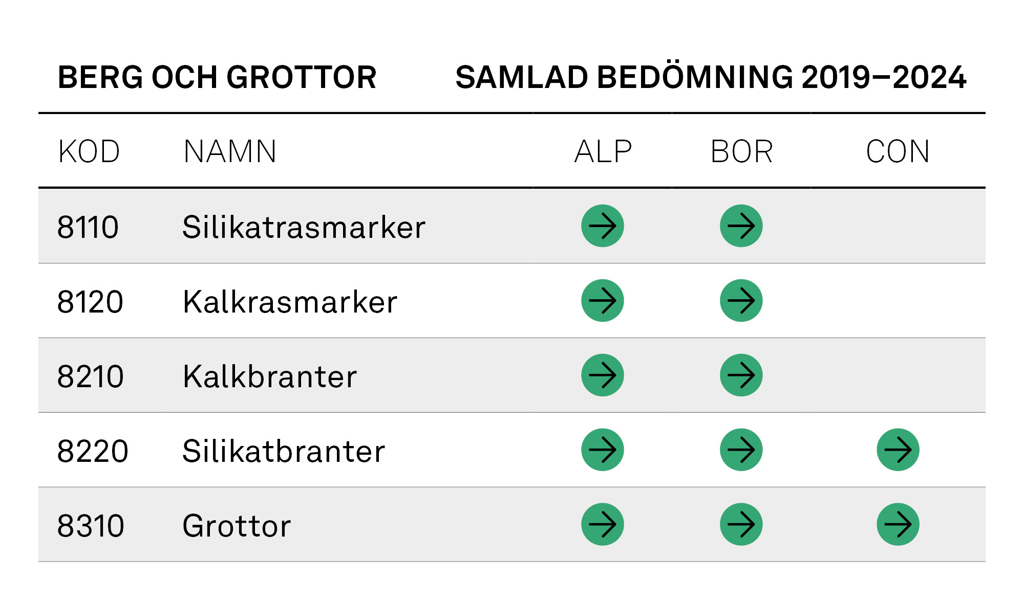 Tabell: Berg och grottor, samlad bedömning 2019–2024