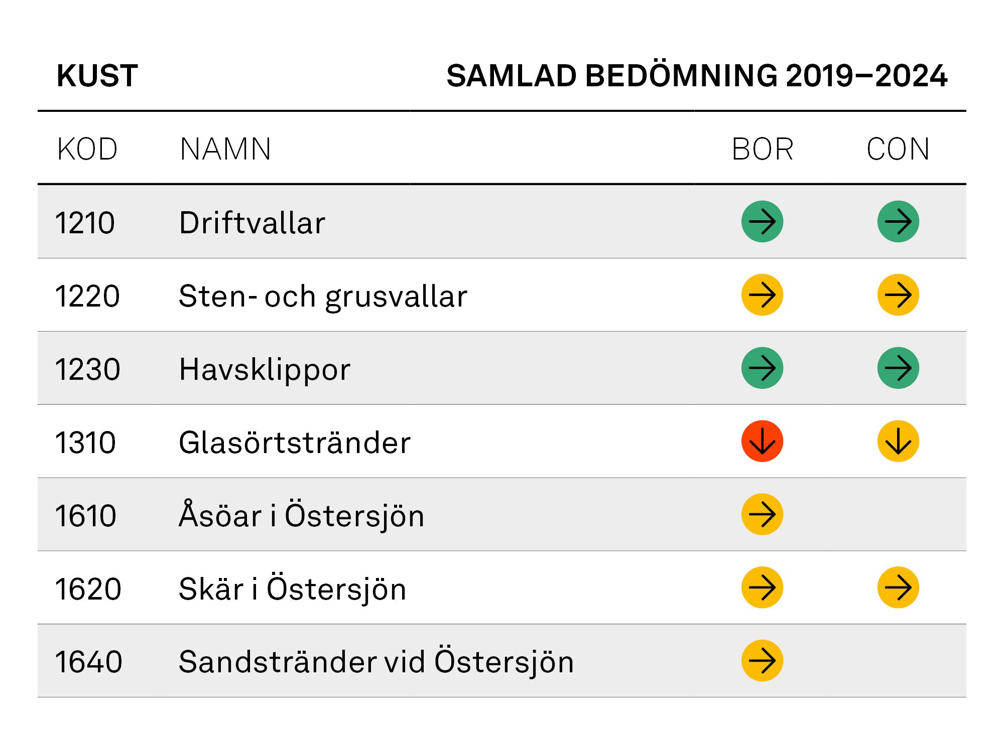 Tabell: Kust, samlad bedömning 2019–2024