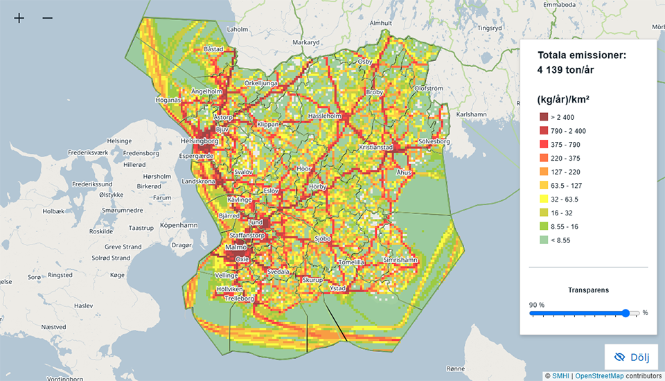 Figuren visar utsläpp av kväveoxider från transportsektorn i Skåne län år 2024