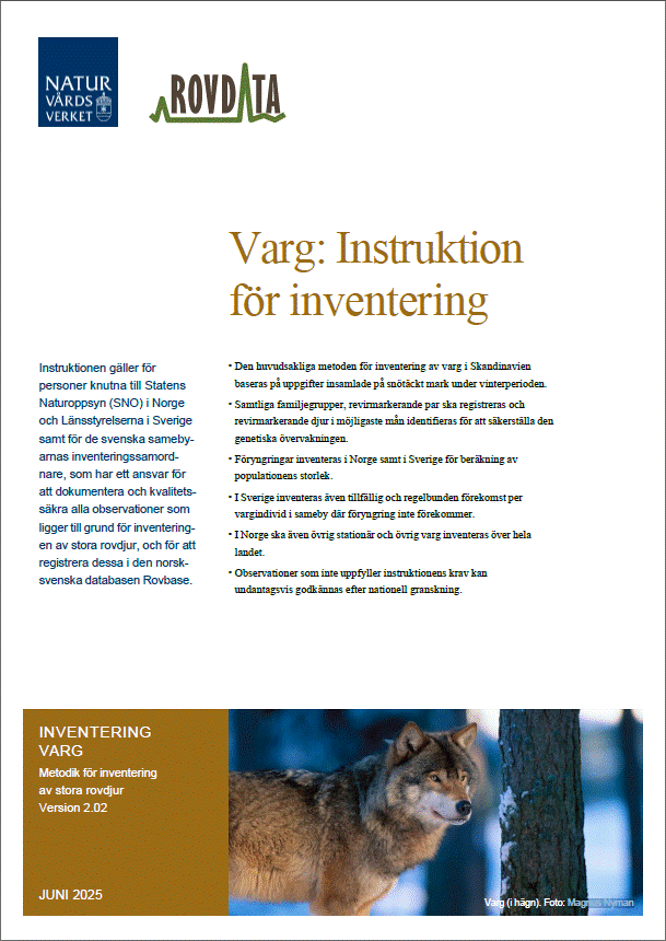 Omslag på rapporten med loggor högst upp sedan rubrik och lite korta fakta och längst ner en bild på en varg.