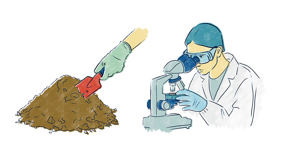 Illustratör: Make your mark Illustration - En spade i jord samt en man tittar i mikroskop