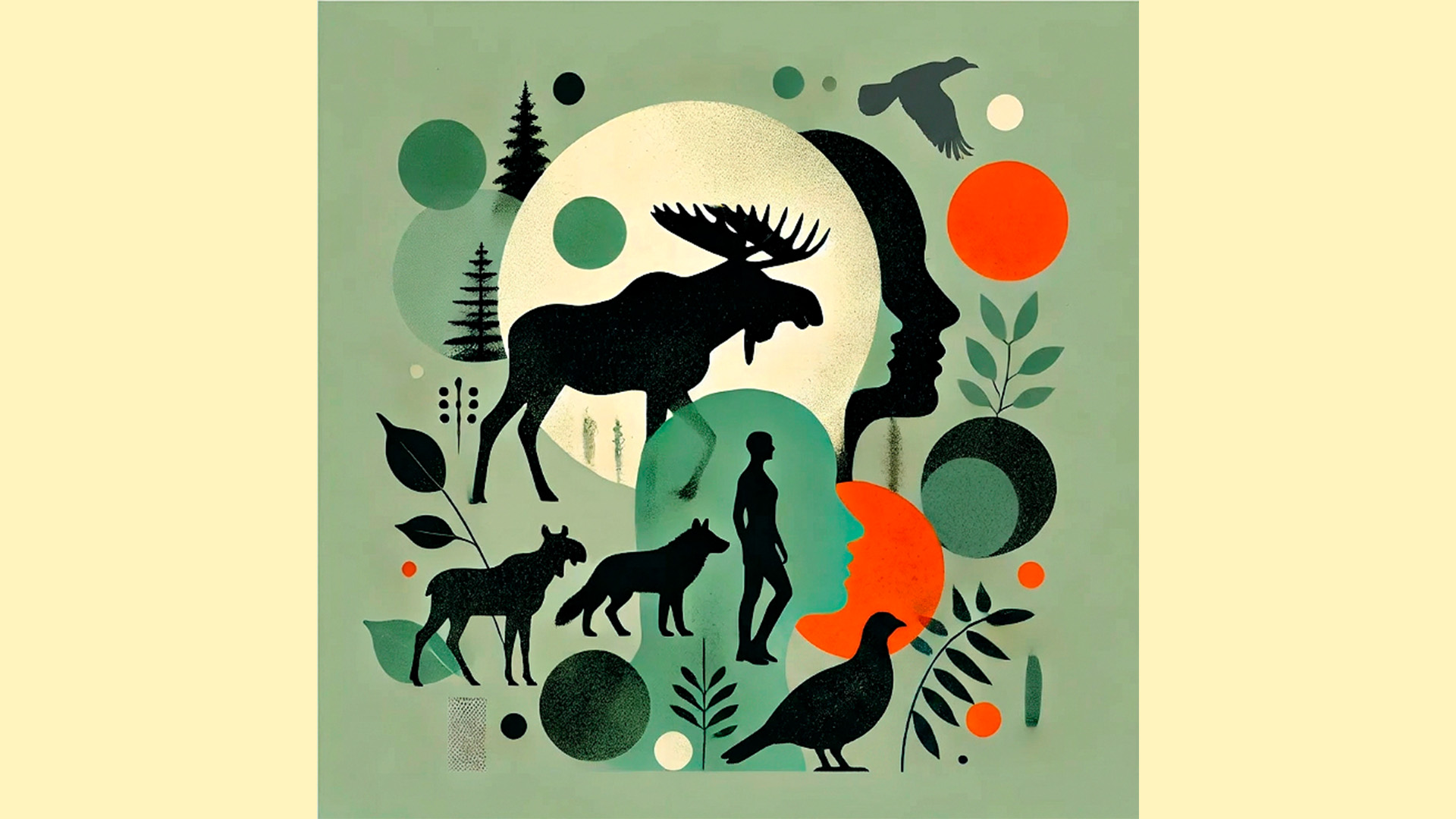 Illustratör: Maria Johansson Illustration som föreställer ett pussel där de olika bitarna föreställer djur- och natur med månen som fond