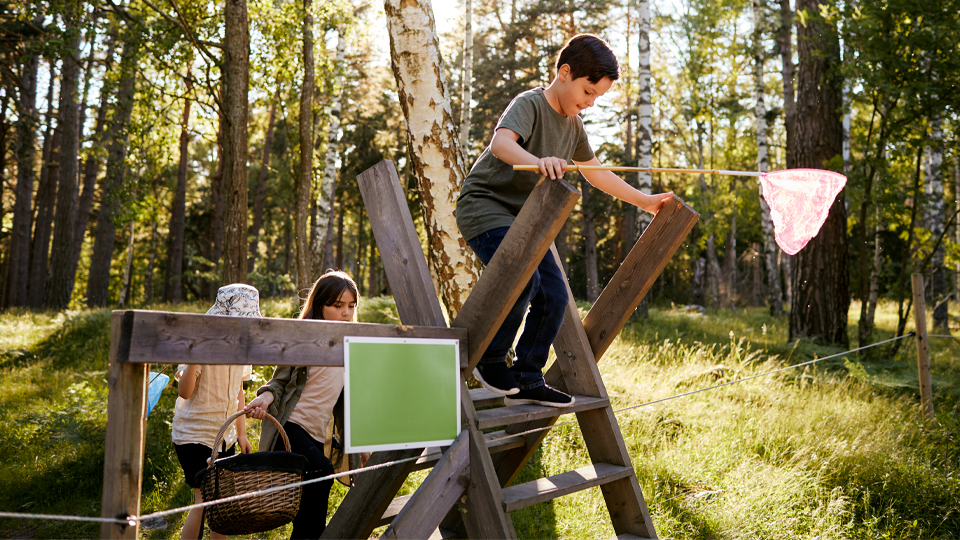 Barn på utflykt i skogen med fjärilshåvar och picknickkorg. De klättrar över ett stängsel vid en stätta (en form av trappa över stängslet).