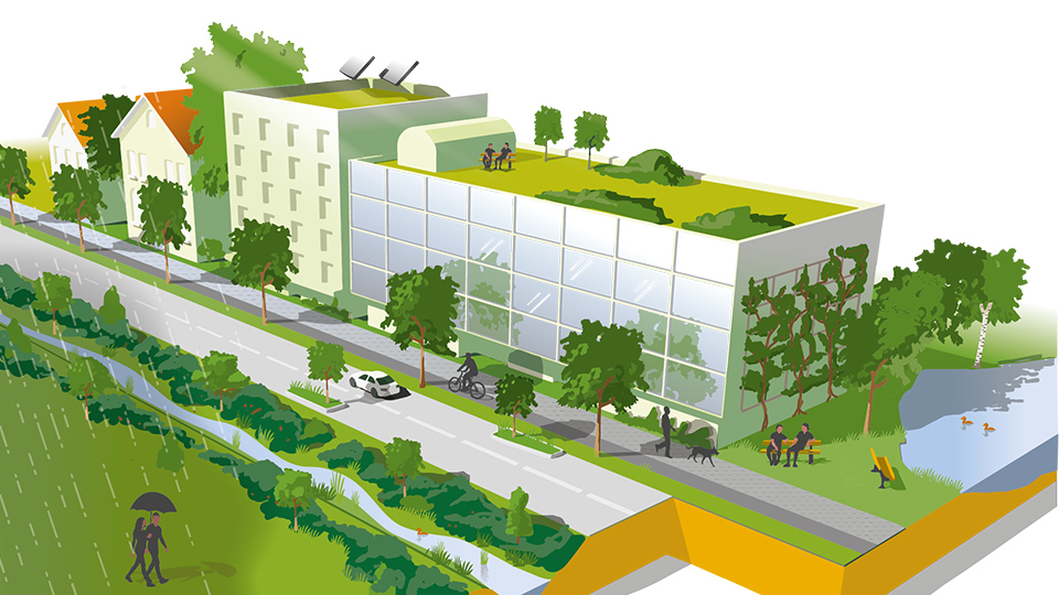 Illustration grönområde i urban miljö