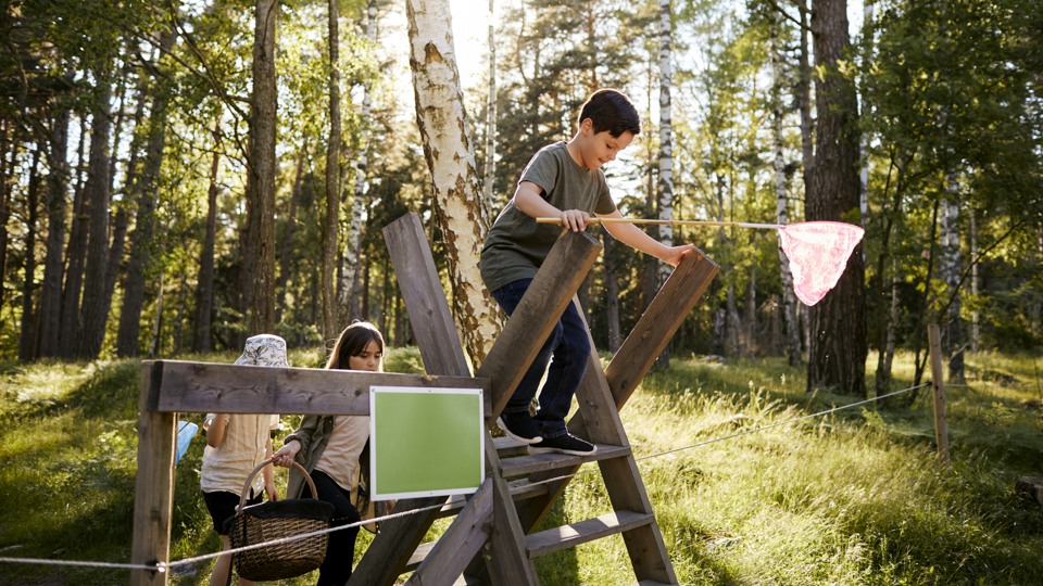 Fotograf: Plattform
Bildbyrå: Johnér Barn på utflykt i skogen med fjärilshåvar och picknickkorg. De klättrar över ett stängsel vid en stätta (en form av trappa över stängslet).