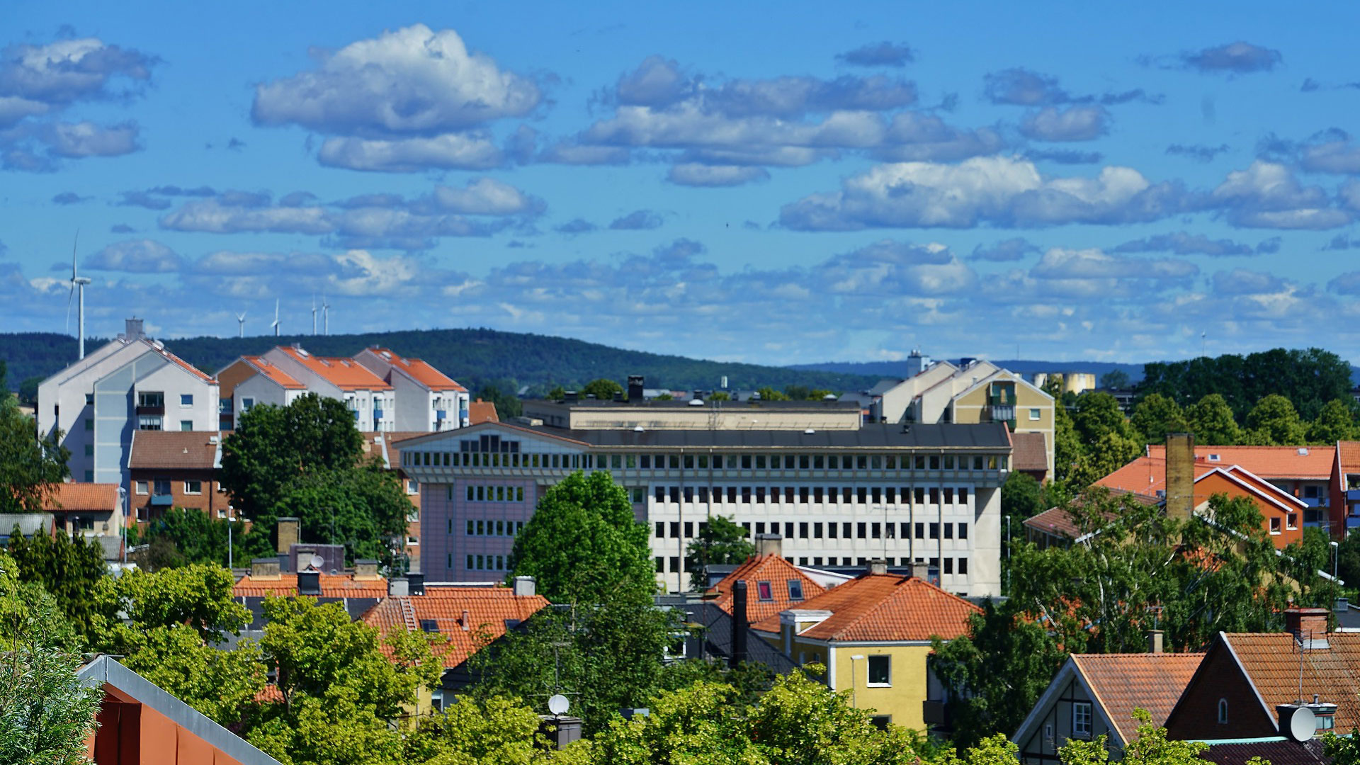 Kristianstad med byggnader i förgrunden och skog och blå himmel i bakgrunden.